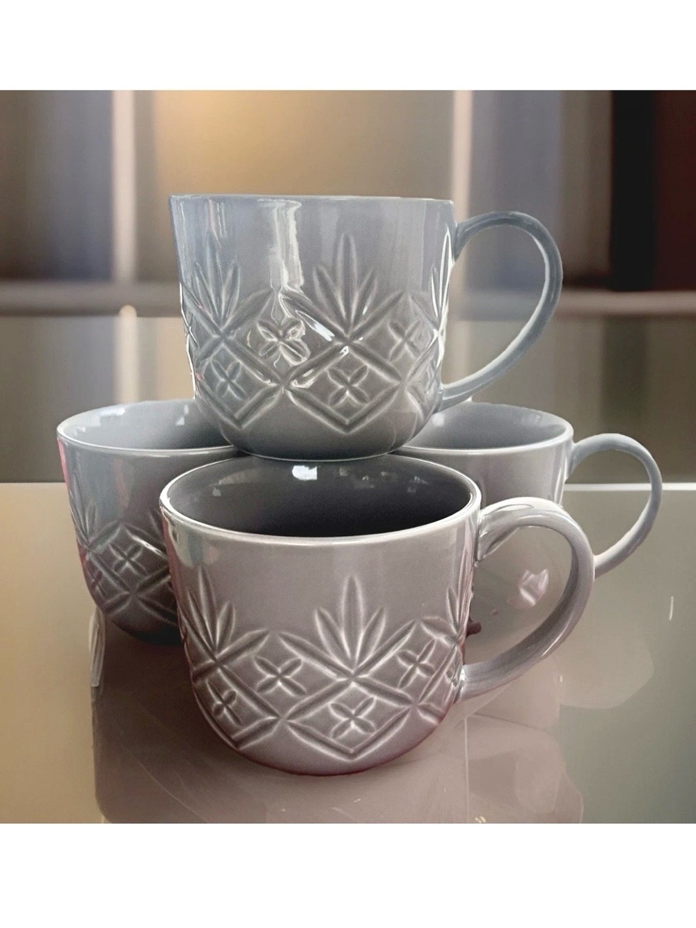 Godinger Dublin Taupe/Gray Coffee Mugs Diamond Cut Criss Cross 12oz SET OF 4